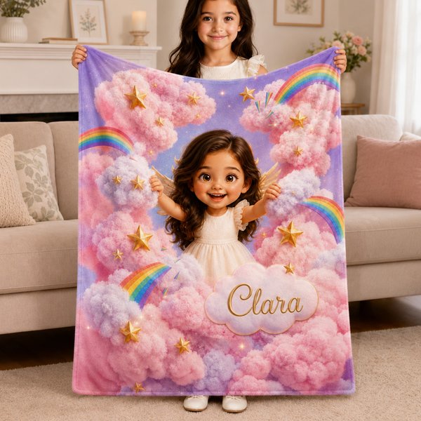 Coperta morbida personalizzata con disegno in stile fantasy a effetto 3D raffigurante un angelo e un bambino, con nome, ideale come decorazione per la casa, regalo per baby shower o compleanno per bam