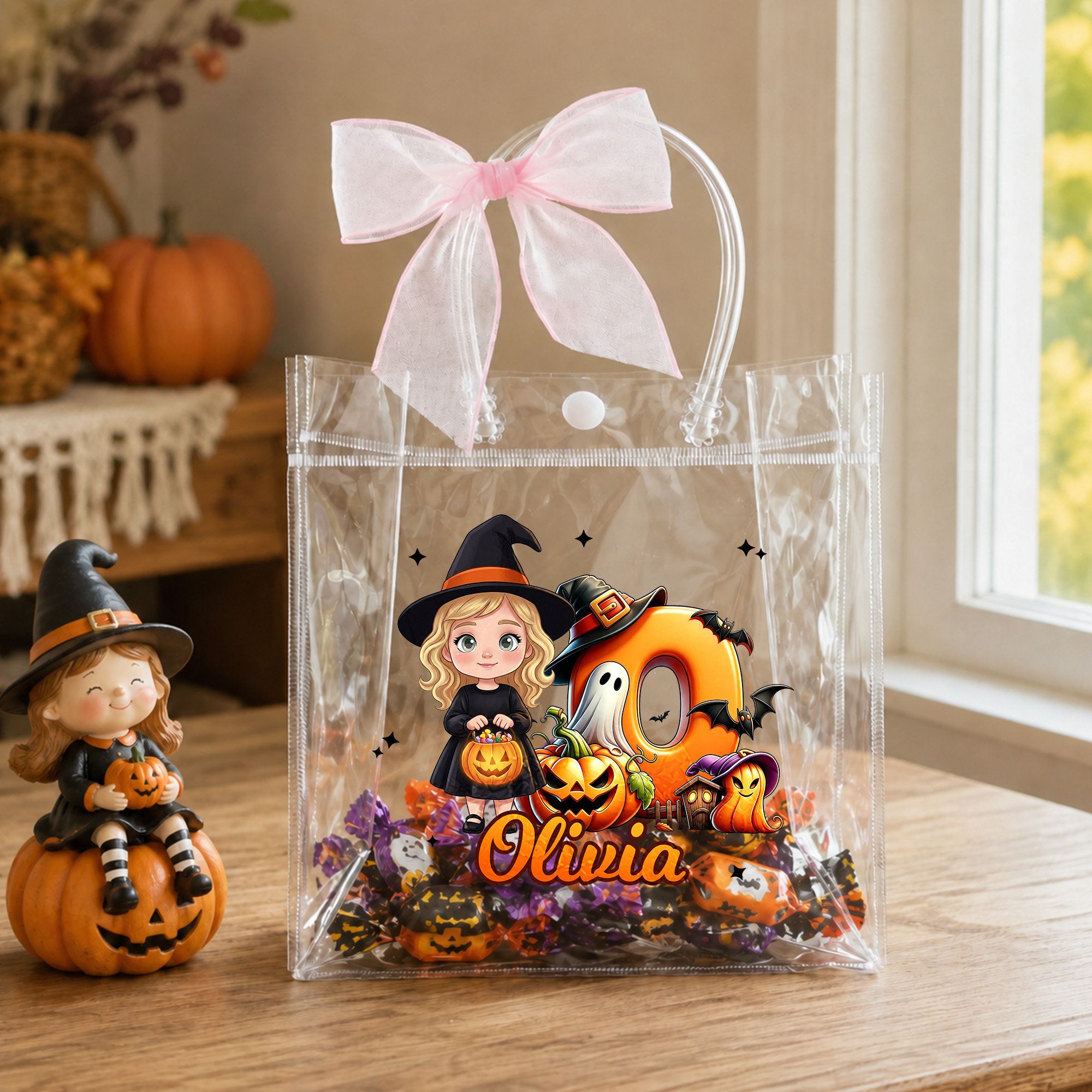 Individuell gestaltete, durchsichtige Geschenktüte im Halloween-Design mit Cartoon-Figur, Initialen, Namen und Schleife – ein Geschenk für den täglichen Gebrauch und für Halloween-Partys für Kinder