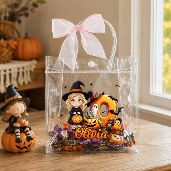 Personalised Halloween Theme Cartoon Character Photo Initial Clear Gift Bag with Name and Bow Daily Use Halloween Party Gift for Kids