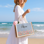 Sac fourre-tout personnalisé à grande capacité, rayé, aux couleurs des fleurs de naissance, avec prénom – Cadeau d'anniversaire ou de Noël pour une femme ou une meilleure amie