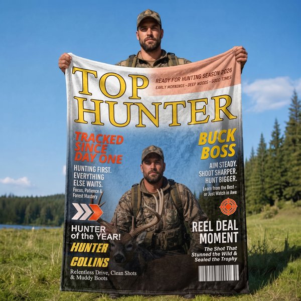 Manta suave personalizada con foto de la revista «Top Hunter», con nombre. Decoración para el hogar. Regalo de cumpleaños o para la temporada de caza para hombre.