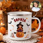 Personalised 3D-Effect Art Witch Vampire Cartoon Character Photo 12 oz Enamel Mug with Name Daily Use Halloween Gift for Kids