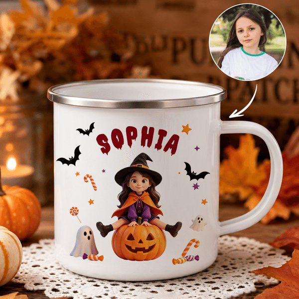 Personalised 3D-Effect Art Witch Vampire Cartoon Character Photo 12 oz Enamel Mug with Name Daily Use Halloween Gift for Kids