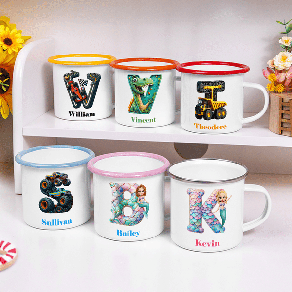 Personalized Cartoon Mermaid Excavator Dinosaur Race Car Truck Initial 12 oz Enamel Mug with Name Kindergarten Daily Use Birthday Gift for Kids
