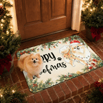 Zerbino antiscivolo personalizzato con foto del proprio animale domestico, in stile acquerello con luci natalizie colorate e testo; decorazione per la casa e regalo di Natale per gli amanti degli anim
