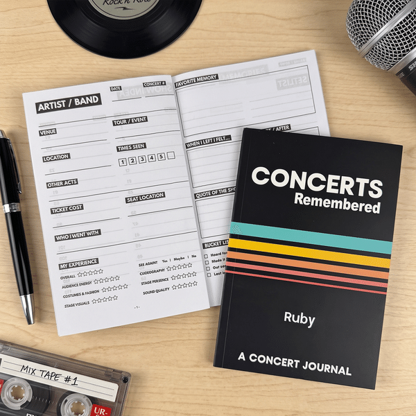 Personalised Retro Rainbow Stripe Design A5 Journal Black Notebook with Name Music Festival Studio Birthday Gift for Music Lover Teacher Musician