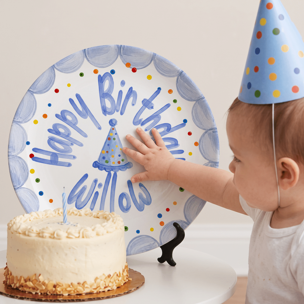 Personalised Watercolor Style Birthday Hat Colourful Polka Dots Ceramic Plate with Name Date and Stand Party Decor Birthday Gift for Newborns 8