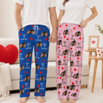 Personalized Multicolor Heart Couple Photo Pajama Pants with Names Birthday Anniversary Gift for Couple