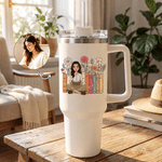 Personalised Reading Cartoon Character Photo 40 oz Insulated Tumbler with Name and Handle Daily Use Birthday Gift for Family Friends Book Lovers