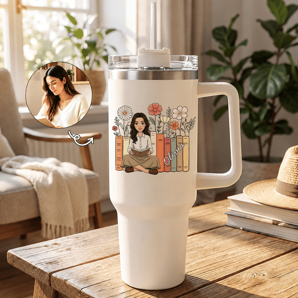 Personalised Reading Cartoon Character Photo 40 oz Insulated Tumbler with Name and Handle Daily Use Birthday Gift for Family Friends Book Lovers