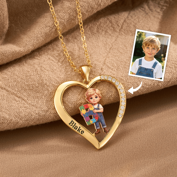 Collana personalizzata in argento sterling con cuore, foto e puzzle in stile cartone animato, con nome e iniziale: regalo di compleanno per il Mese della sensibilizzazione sull’autismo, dedicato ai fa