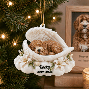 Decorazione personalizzata in acrilico con effetto 3D: foto dell'animale domestico con ali d'angelo, con nome e anno; regalo commemorativo e di condoglianze per i proprietari di animali domestici