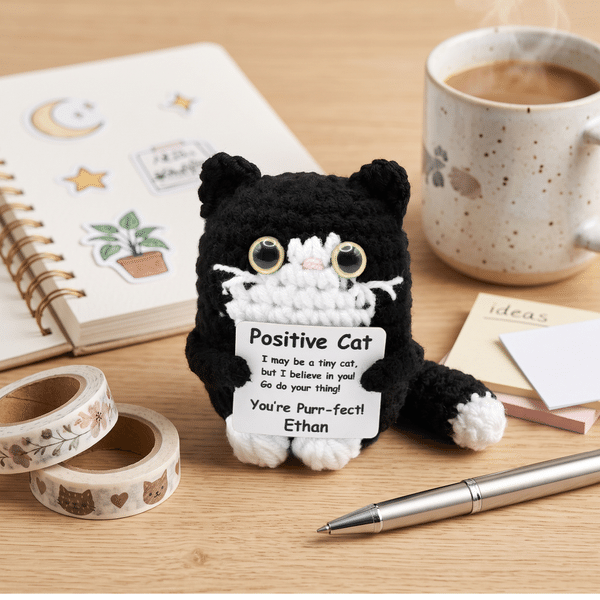 Personalized Inspirational Positive Handmade Cat Crochet Doll Desk Decoration with Name Stress Relief Birthday Gift for Cat Lovers Friends