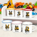 Personalized Cartoon Mermaid Excavator Dinosaur Race Car Truck Initial 12 oz Enamel Mug with Name Kindergarten Daily Use Birthday Gift for Kids