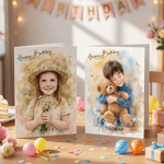 Personalisierte Grußkarte mit Wasserfarben-Foto zum Thema „Happy Birthday“, mit Namen und Text – Geburtstagsgeschenk für Familie und Freunde