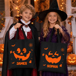 Personalized Halloween Theme Bat Pumpkin Face Canvas Bag with Name Halloween Birthday Gift for Kids Friends