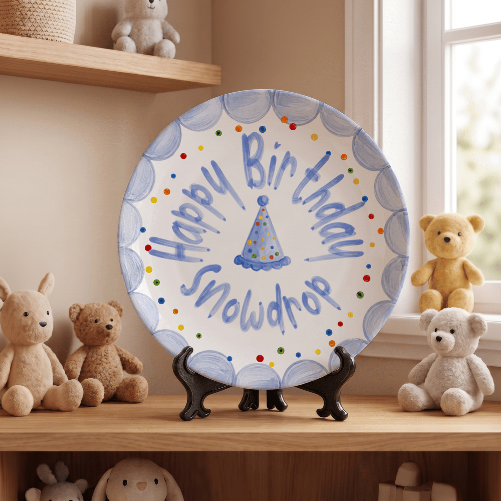 Personalised Watercolor Style Birthday Hat Colourful Polka Dots Ceramic Plate with Name Date and Stand Party Decor Birthday Gift for Newborns 9