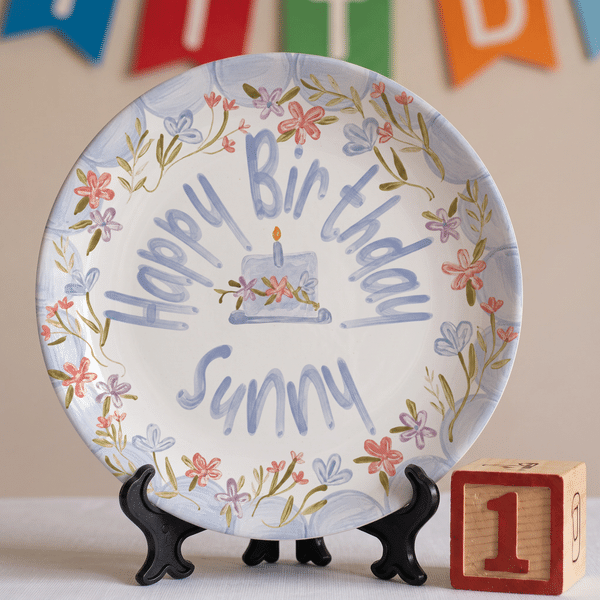 Personalized Hand-Drawn Style Birthday Cake Floral Decorative Plate with Name and Stand Nursery Decor First Birthday Gift for Toddlers New Parents