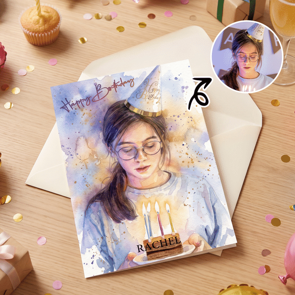 Personalized Watercolor Photo Happy Birthday Theme Greeting Card with Name and Text  Birthday Gift for Family Friends
