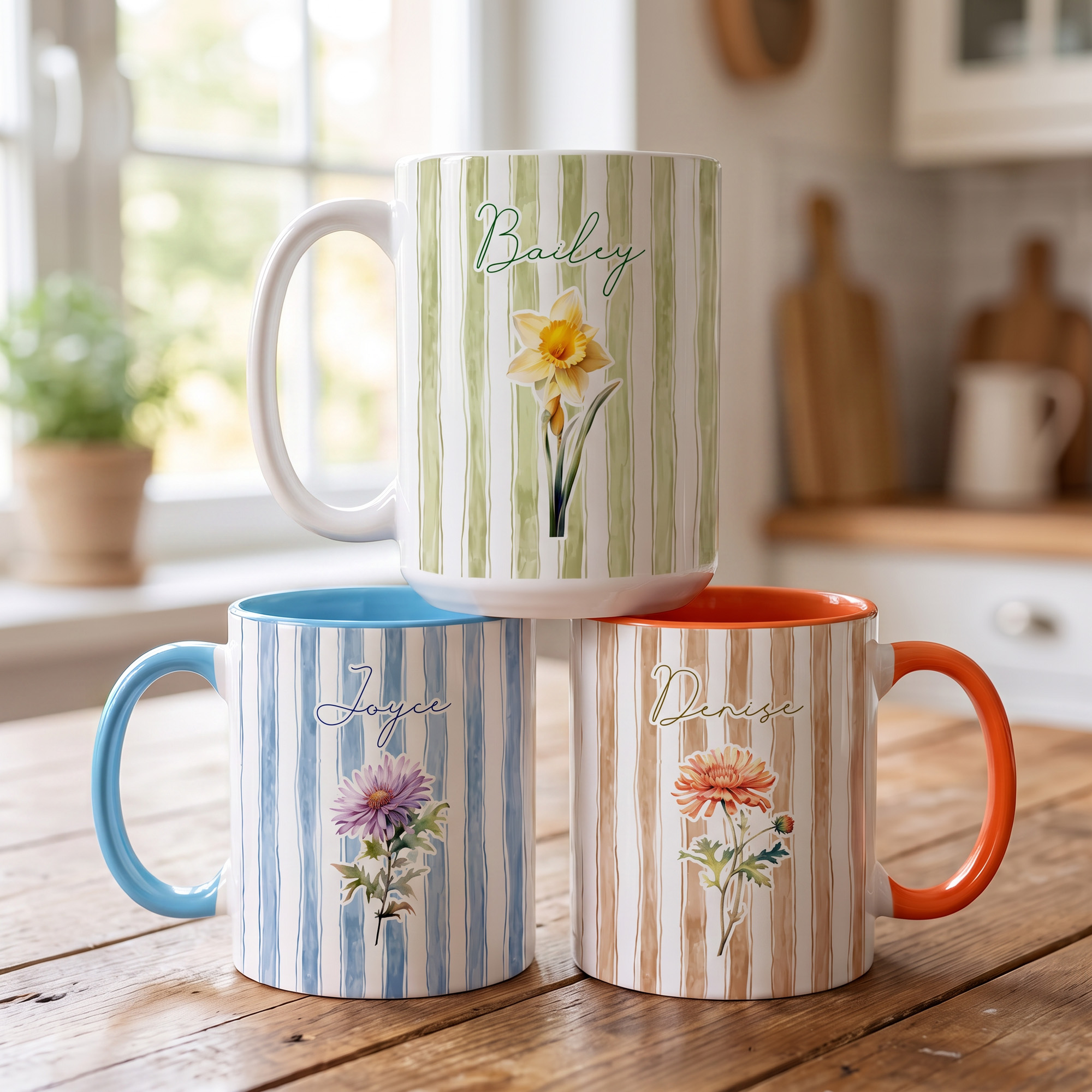 Personalisierte Keramik-Tasse mit Wasserfarben-Streifen, Geburtsblume und Namen – 11 oz, 15 oz – inklusive Untersetzer; für den täglichen Gebrauch zu Hause und im Homeoffice; Geburtstagsgeschenk für s
