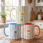 Personalized Watercolor Stripe Birth Flower Name 11 oz 15 oz Ceramic Mug with Coaster Daily Home Office Use Birthday Gift for Her