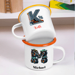 Personalized Cartoon Mermaid Excavator Dinosaur Race Car Truck Initial 12 oz Enamel Mug with Name Kindergarten Daily Use Birthday Gift for Kids