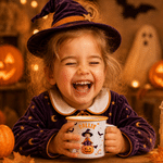 Personalised 3D-Effect Art Witch Vampire Cartoon Character Photo 12 oz Enamel Mug with Name Daily Use Halloween Gift for Kids