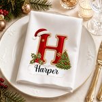 Personalized Christmas Hat Initial Holly Snowflake Christmas Napkin with Name Christmas Dinner Birthday Gift for Family Friends