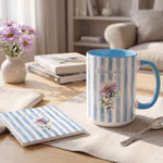 Personalized Watercolor Stripe Birth Flower Name 11 oz 15 oz Ceramic Mug with Coaster Daily Home Office Use Birthday Gift for Her
