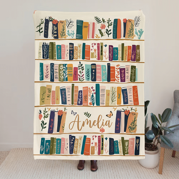 Manta suave personalizada con diseño de estantería de libros retro y flores silvestres con nombre regalo de cumpleaños para amantes de los libros