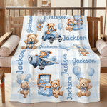 Personalised Watercolor Hot Air Balloon Teddy Bear Soft Throw Blanket with Name Home Decor Daily Use Birthday Christmas Gift for Kids Boys Girls