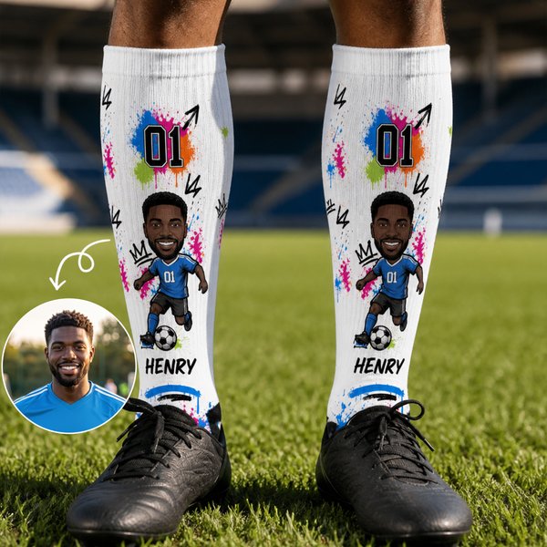 Personalised Football King Photo Soft Breathable Crew Sports Socks with Name and Number Game Day Birthday Gift for Sports Lovers Players