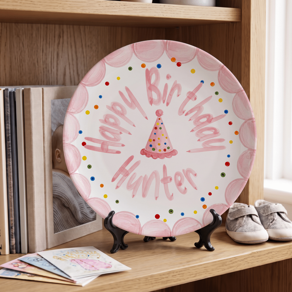 Personalised Watercolor Style Birthday Hat Colourful Polka Dots Ceramic Plate with Name Date and Stand Party Decor Birthday Gift for Newborns 7