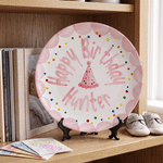 Personalised Watercolor Style Birthday Hat Colourful Polka Dots Ceramic Plate with Name Date and Stand Party Decor Birthday Gift for Newborns 7