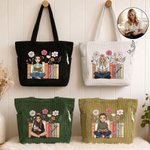 Personalized Floral Book Cartoon Character Photo Large Capacity Corduroy Tote Bag with Name Anniversary Birthday Gift for Woman Book Lover