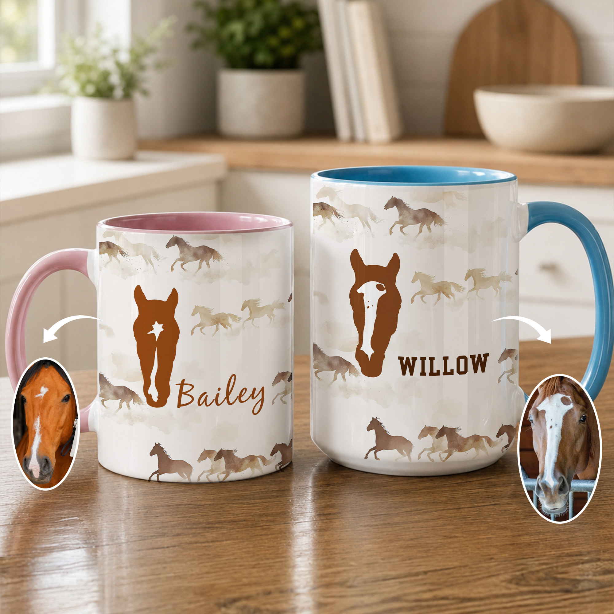 Personalisierte, mehrfarbige Tasse mit Pferdesilhouette und Namen – für den täglichen Gebrauch, als Geburtstags- oder Festtagsgeschenk für Pferdeliebhaber