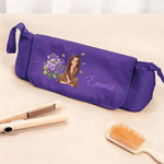 Borsa personalizzata a più scomparti per accessori per capelli con fiore del mese di nascita e personaggio dei cartoni animati, con nome e tappetino resistente al calore – Regalo di compleanno per don