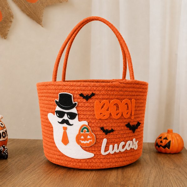 Gepersonaliseerde Leuke Halloween Ghost Boo Grote Capaciteit Gehaakte Snoepmand met Naam Trick or Treat Halloween Feest Cadeau voor Jongens Meisjes