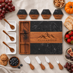 Personalised Mountain Pattern Acacia Marble Chopping Board Coaster Set with Engraved Name and Year Wedding Anniversary Engagement Gift for Couple