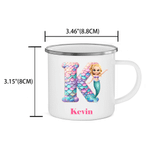 Personalized Cartoon Mermaid Excavator Dinosaur Race Car Truck Initial 12 oz Enamel Mug with Name Kindergarten Daily Use Birthday Gift for Kids