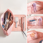 Borsa personalizzata a più scomparti per accessori per capelli con fiore del mese di nascita e personaggio dei cartoni animati, con nome e tappetino resistente al calore – Regalo di compleanno per don