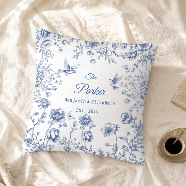 Personalized Toile De Jouy Style Flower Soft Throw Pillow Cover with Family Name and  Date Room Decor Cotton Wedding Anniversary Gift for Couple