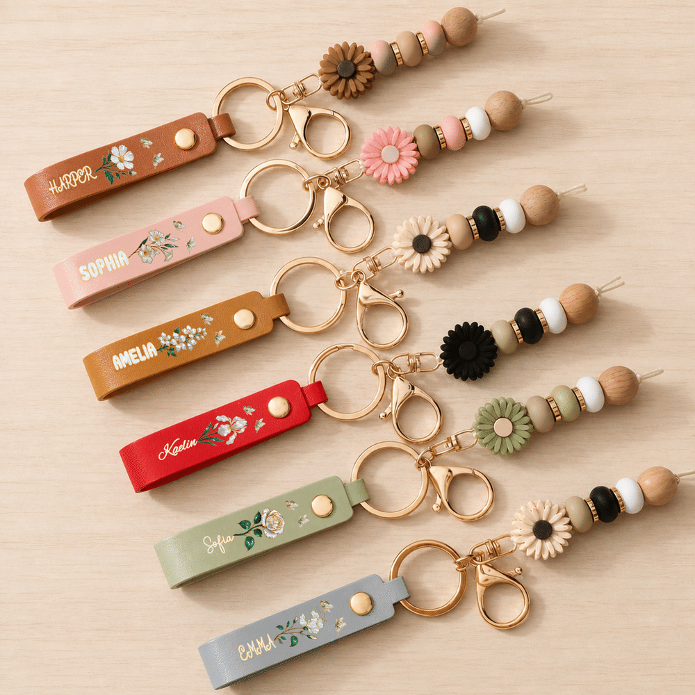Personalised Birth Flower PU Leather Keyring with Name and Daisy Bead Pendant Wedding Party Birthday Gift for Best Friends Bridesmaids 2