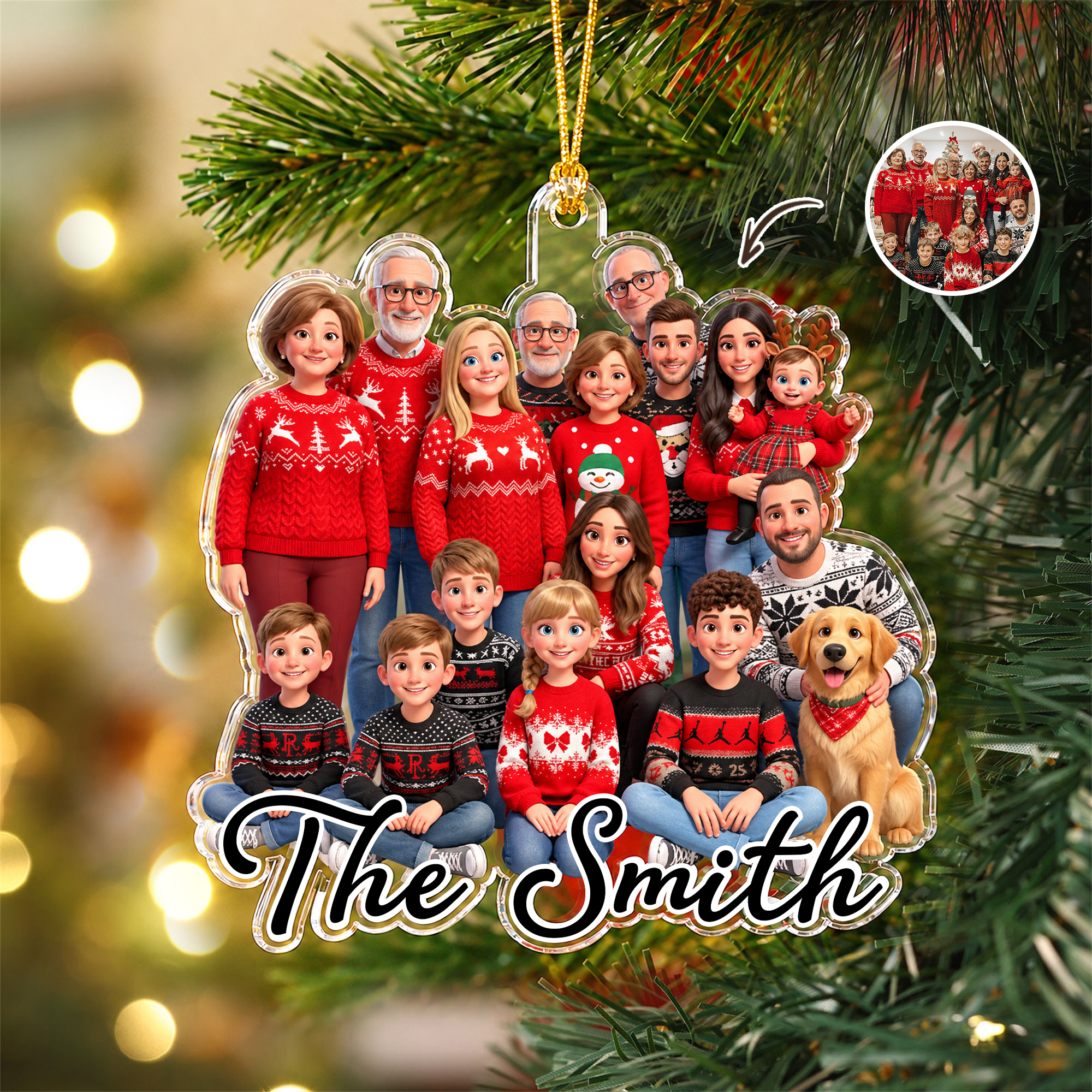 Personalisiertes Acryl-Ornament im 3D-Stil mit Familienfoto im Cartoon-Stil und Familienstammbaum-Dekoration – Weihnachtsgeschenk für Familien