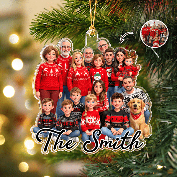 Personalized 3D-Style Art Cartoon Family Photo Acrylic Ornament with Family Name Tree Decoration Christmas Gift for Families
