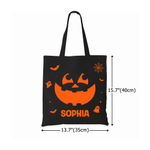 Personalized Halloween Theme Bat Pumpkin Face Canvas Bag with Name Halloween Birthday Gift for Kids Friends
