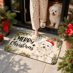 Zerbino antiscivolo personalizzato con foto del proprio animale domestico, in stile acquerello con luci natalizie colorate e testo; decorazione per la casa e regalo di Natale per gli amanti degli anim
