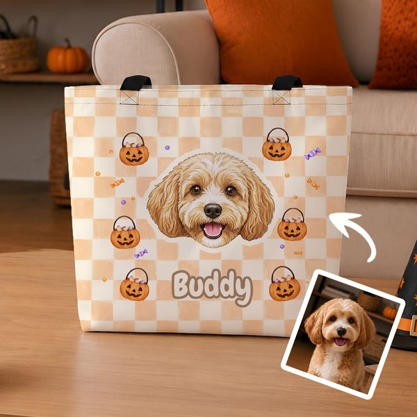 Personalisierte, mehrfarbige Halloween-Tragetasche mit Aquarellmotiv und Haustierfoto, mit Namen – Alltagsgeschenk für Halloween-Haustierpartys für Tierliebhaber