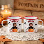 Personalised 3D-Effect Art Witch Vampire Cartoon Character Photo 12 oz Enamel Mug with Name Daily Use Halloween Gift for Kids