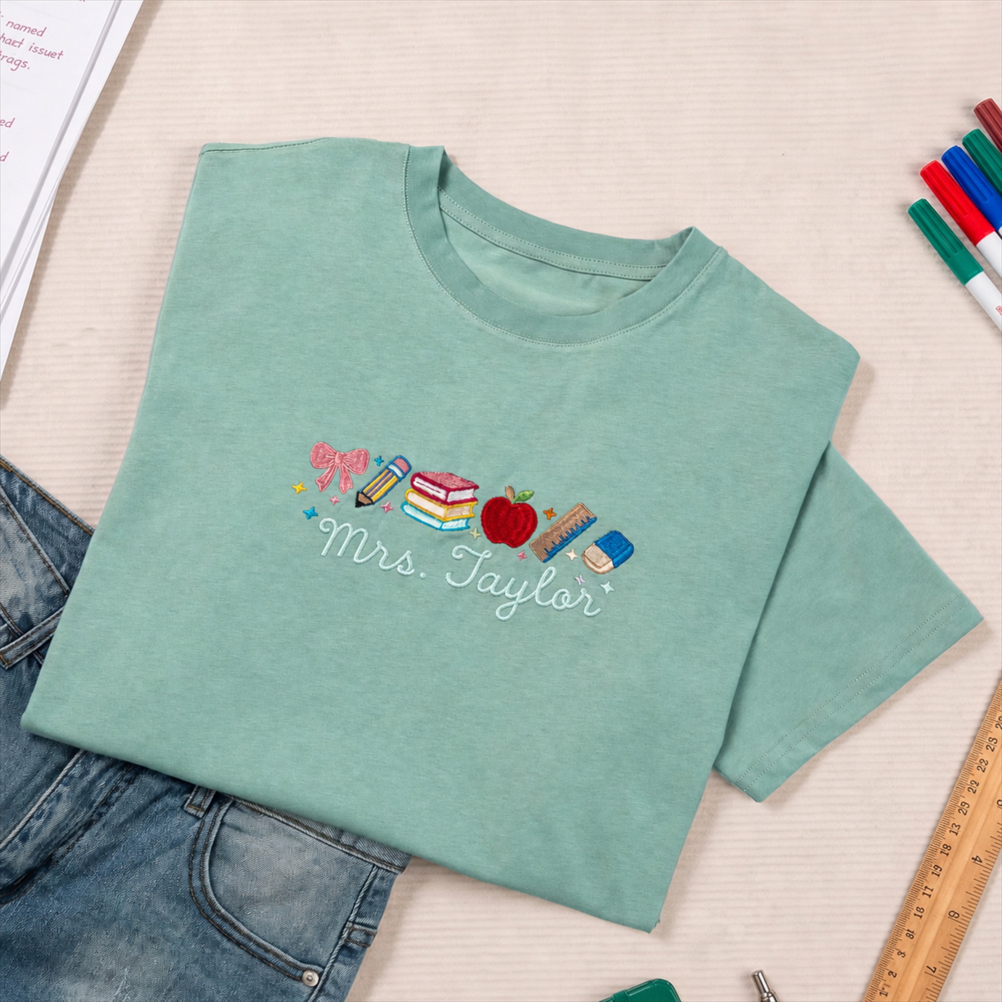 Individuell gestaltete, niedliche Schulartikel: T-Shirt, Sweatshirt und Kapuzenpullover für Lehrer mit gesticktem Namen – ein Dankeschön-Geschenk für Pädagogen
